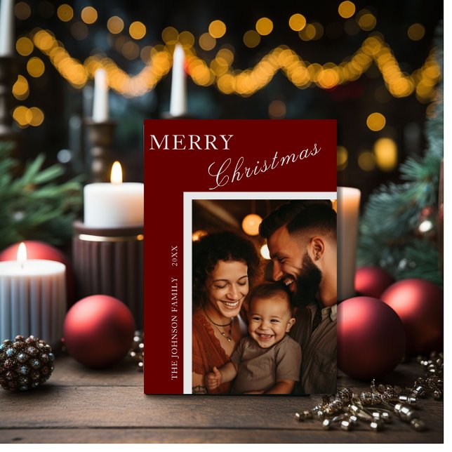 Rött med Silver skript-familjens fotokort Julkort (Skapare uppladdad)