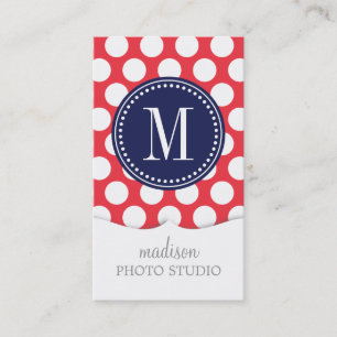 Rött & Monogrammed Navy  stor polka dots Visitkort