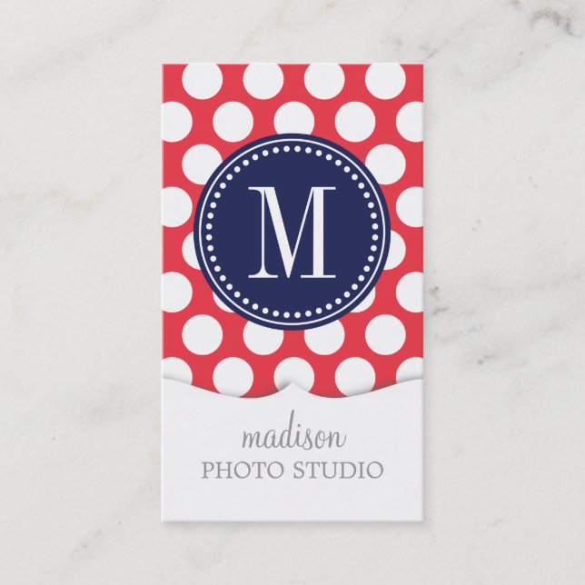 Rött & Monogrammed Navy| stor polka dots Visitkort (Framsida)