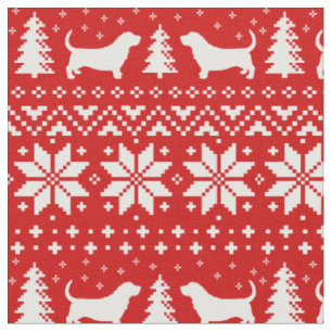 Rött mönster för jul för BassethundSilhouettes Tyg