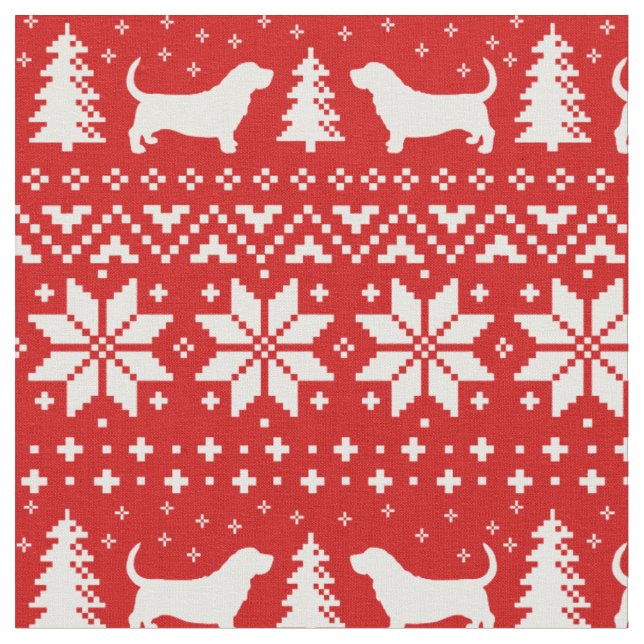 Rött mönster för jul för BassethundSilhouettes Tyg (Närbild)