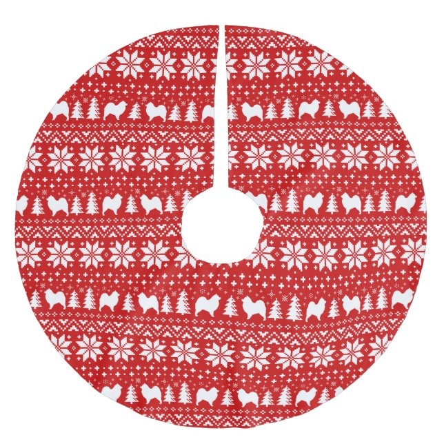 Rött mönster för SamoyedSilhouettesjul Julgransmatta Borstad Polyester (Framsidan)