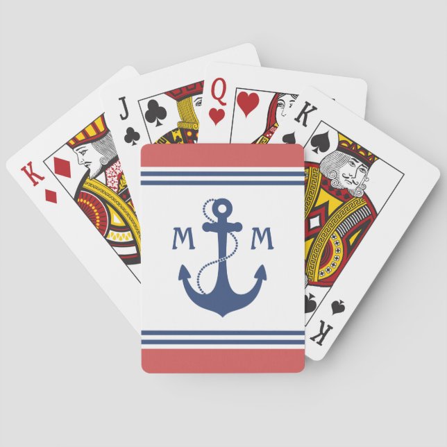 Rött nautiskt ankrar monogramen spelkort (Baksidan)