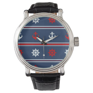 Rött nautiskt mönster för vit och för blått armbandsur