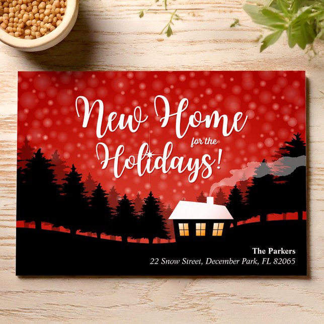 Rött Nytt Hem för Högtider hus i skogen Inbjudningar (Skapare uppladdad)