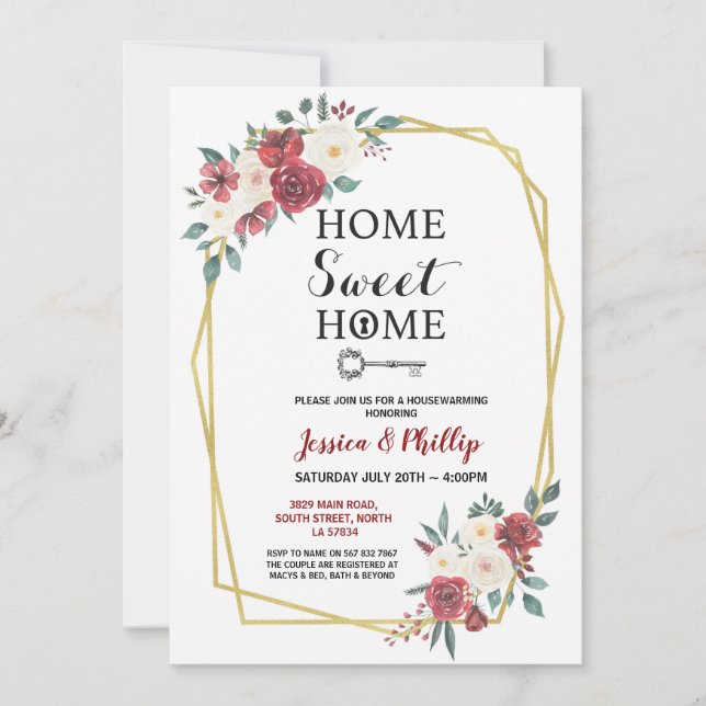 Rött nytt hem- hus för inflyttnings- partyblommor inbjudningar (Framsida)