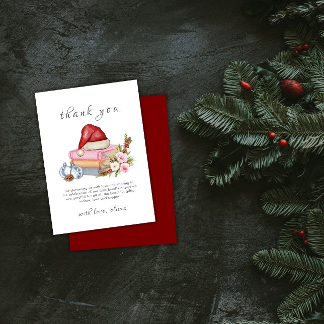 Rött Nytt kapitel Börjar Vinter Blommig Baby Showe Tack Kort (Red New Chapter Begins Winter Floral Baby Shower Thank You Card)