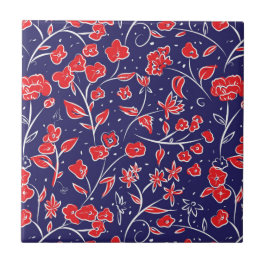 Rött och blått Blommönster Kakelplatta