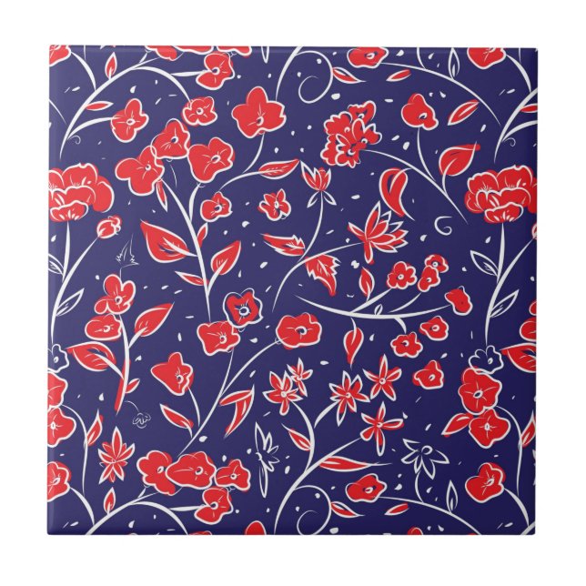 Rött och blått Blommönster Kakelplatta (Framsidan)