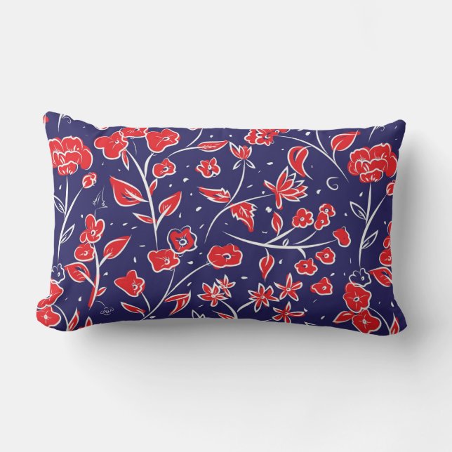 Rött och blått Blommönster Lumbarkudde (Framsida)