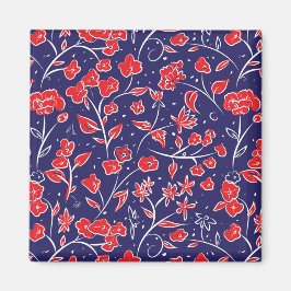 Rött och blått Blommönster Magnet