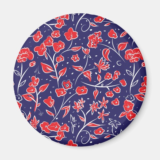 Rött och blått Blommönster Magnet (Framsidan)