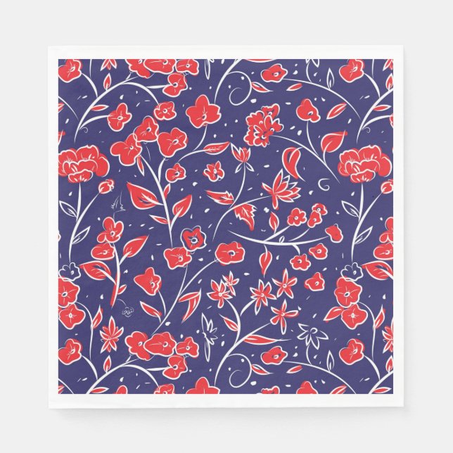 Rött och blått Blommönster Pappersservett (Framsidan)