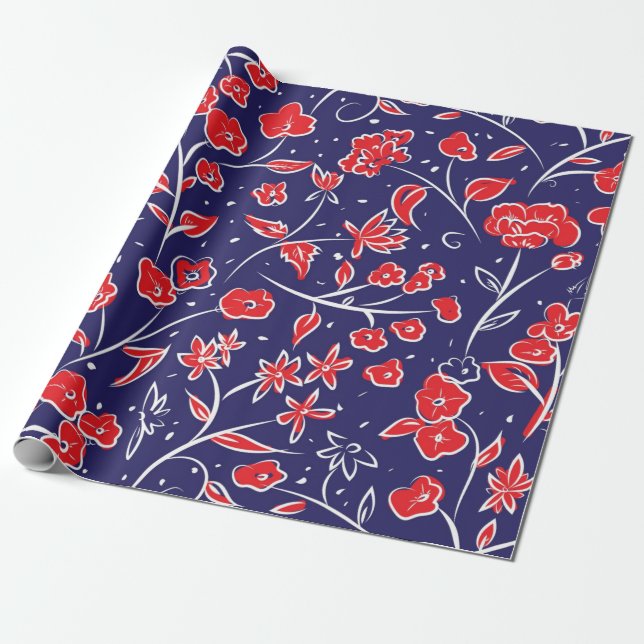 Rött och blått Blommönster Presentpapper (Utrullad)