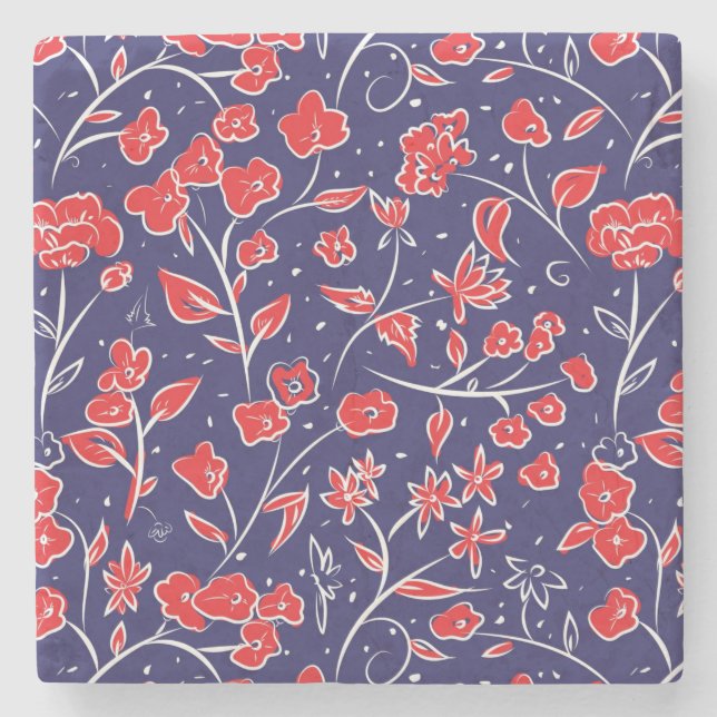 Rött och blått Blommönster Stenunderlägg (Framsidan)