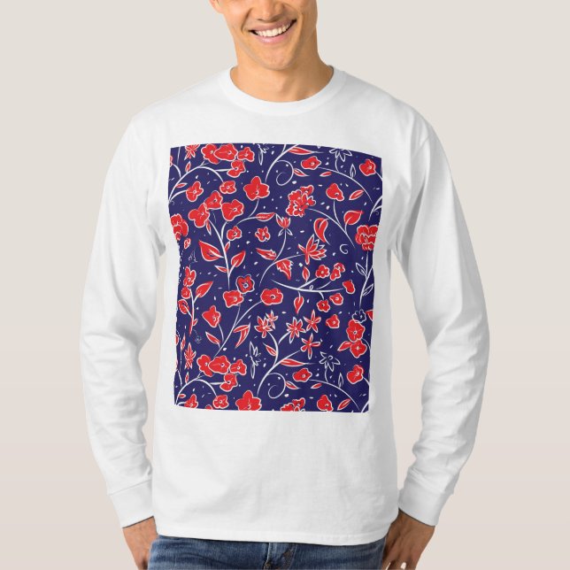 Rött och blått Blommönster T Shirt (Framsida)
