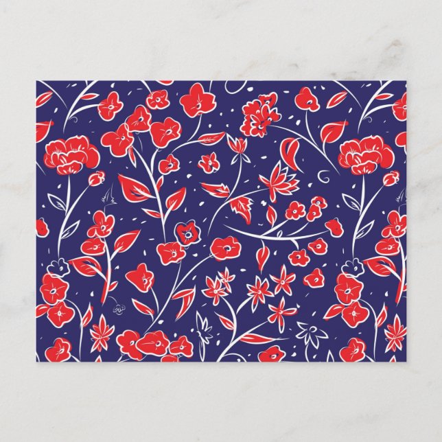 Rött och blått Blommönster Vykort (Framsida)