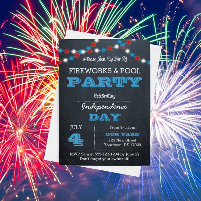 Rött och blått Fireworks i krita Inbjudningar (Skapare uppladdad)