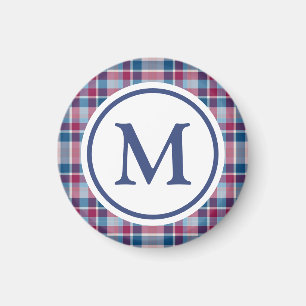 Rött och blått klassiskt rutmönster med monogram magnet