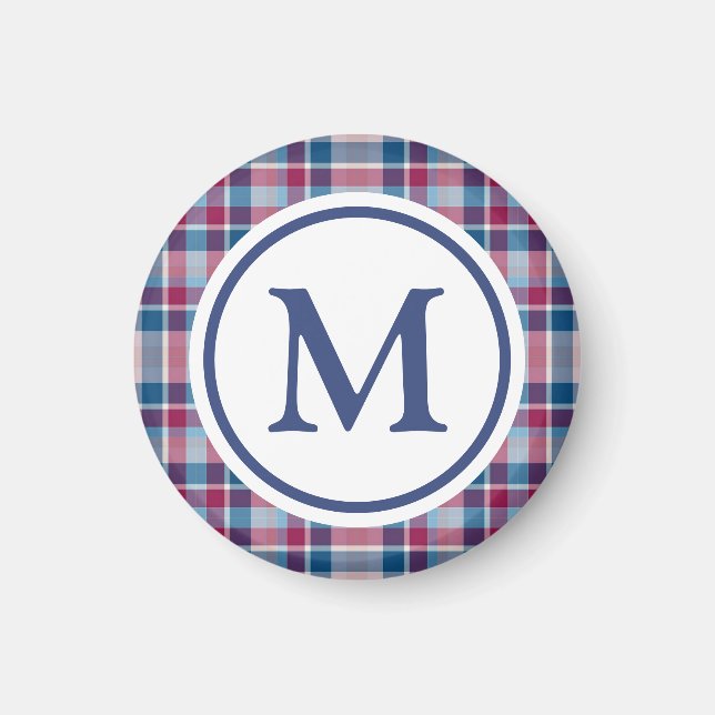 Rött och blått klassiskt rutmönster med monogram magnet (Framsidan)
