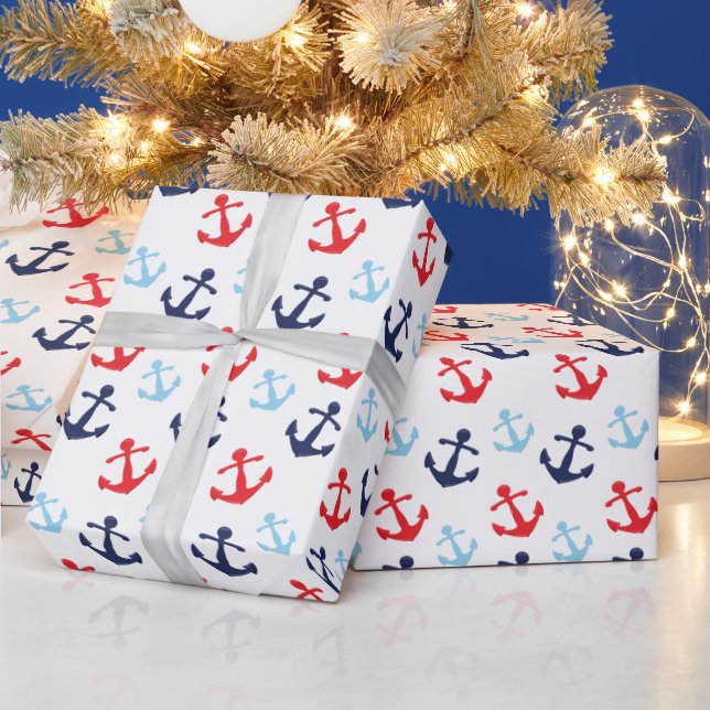 Rött och blått nautiskt ankare mönster presentpapper (Helgdagar)