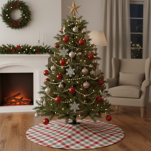 Rött och grått bondgårds-rutat julgransmatta borstad polyester (Skapare uppladdad)