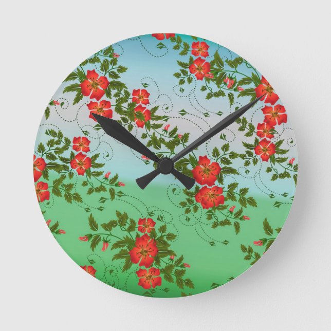 Rött och grönt blommönster rund klocka (Framsida)