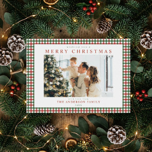 Rött och grönt Gingham Jul Foto Julkort