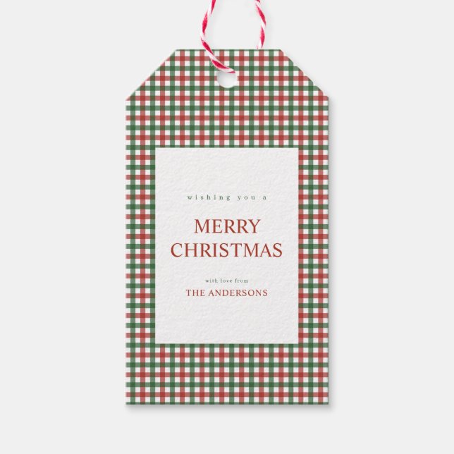 Rött och grönt gingham jul presentetikett (Framsidan)