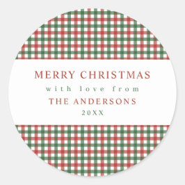 Rött och grönt gingham jul runt klistermärke