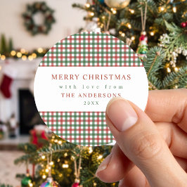 Rött och grönt gingham jul runt klistermärke