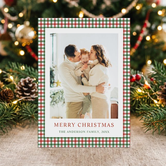 Rött och grönt Gingham julfoto Julkort (Skapare uppladdad)