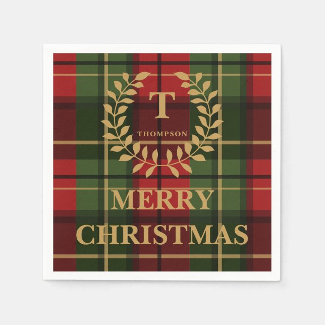 Rött och grönt julplaid med anpassad monogram pappersservett (Framsidan)