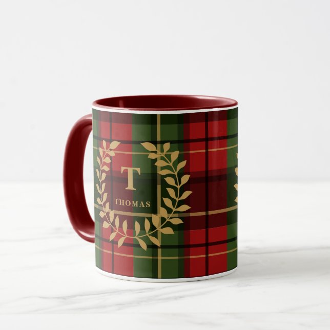 Rött Och Grönt Karo Med Monogram Krans Och Namn Mugg (Framsida vänster)