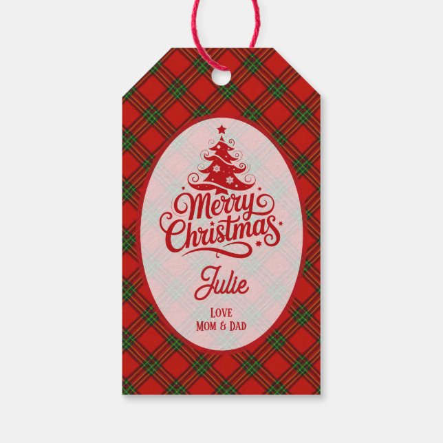 Rött och grönt rutigt jul presentetikett (Baksidan)
