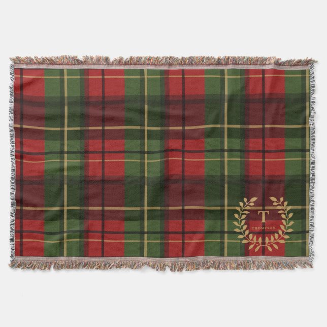 Rött Och Grönt Rutigt Mönster Med Monogram Inuti E Filt (Framsidan)