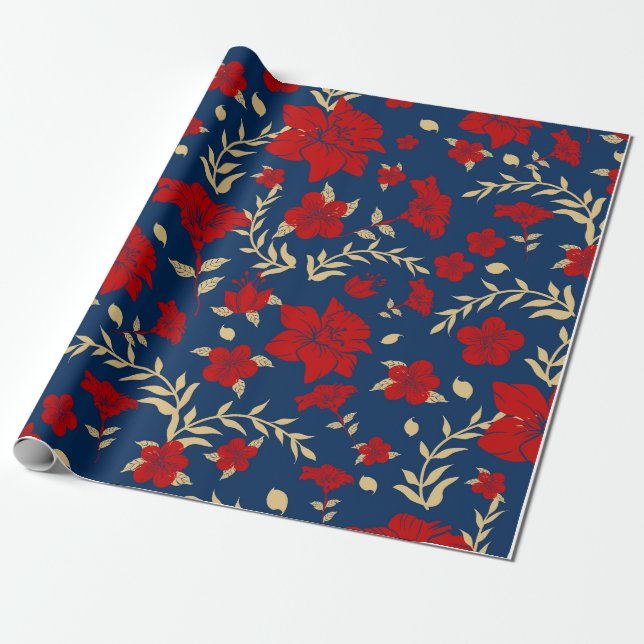 Rött och guld blommigt inslagspapper presentpapper (Utrullad)