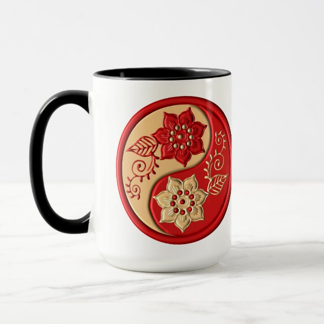 Rött och guld blommigt Yin Yang Mugg (Vänster)
