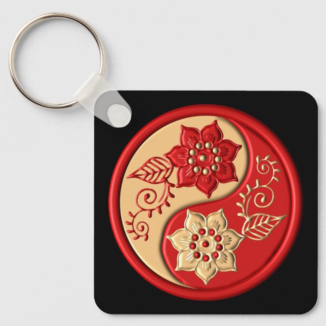 Rött och guld blommigt Yin Yang Nyckelring (Framsida)