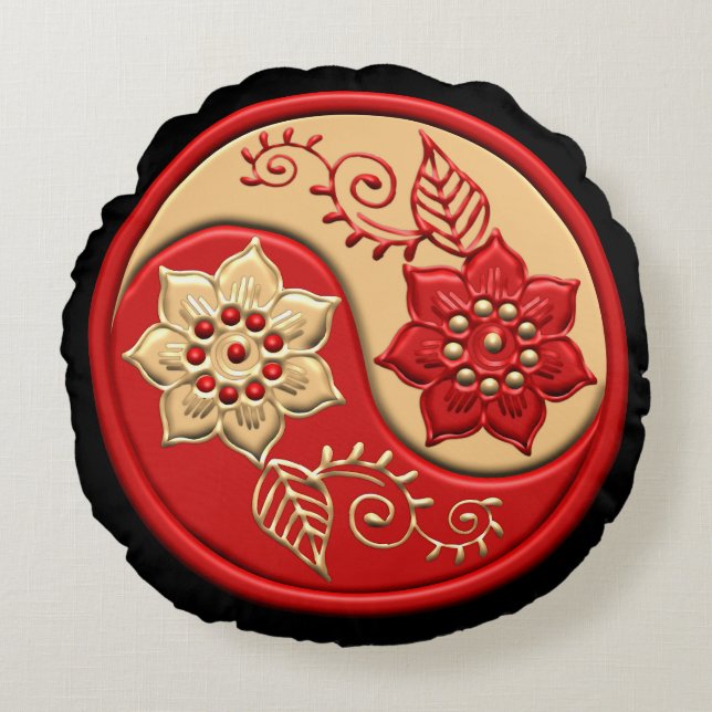 Rött och guld blommigt Yin Yang Rund Kudde (Framsidan)
