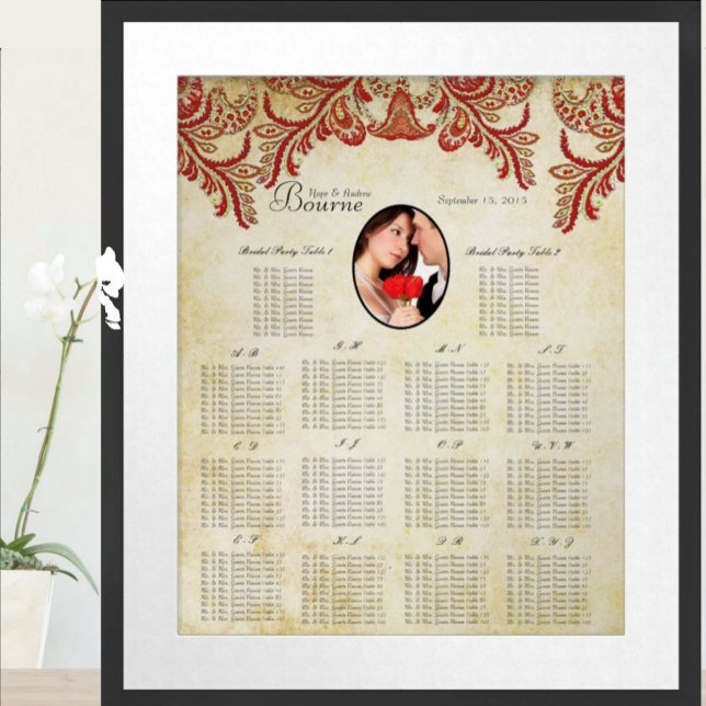 Rött och Guld Ditt Foto Bröllops Placeringsplan Poster (To see frame and mat pricing,  please choose your options.)