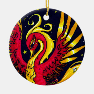Rött och guld- flyga phoenix julgransprydnad keramik