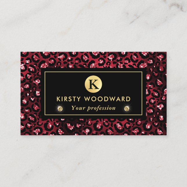 Rött och guld glitter glamour leopardfläcks mönste visitkort (Framsida)