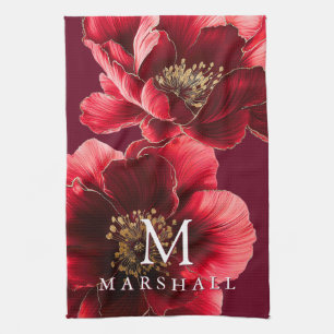 Rött och guld modernt blomstermonogram familjenamn kökshandduk