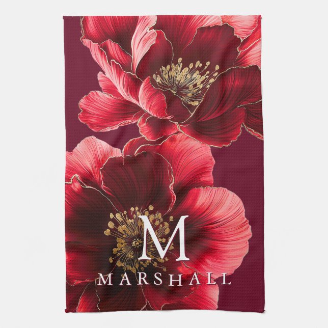 Rött och guld modernt blomstermonogram familjenamn kökshandduk (Vertikal)