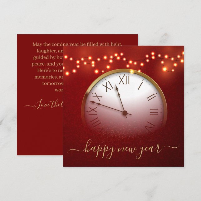 Rött och guld nyttårs kort med midnattsklocka (Fram/baksida)