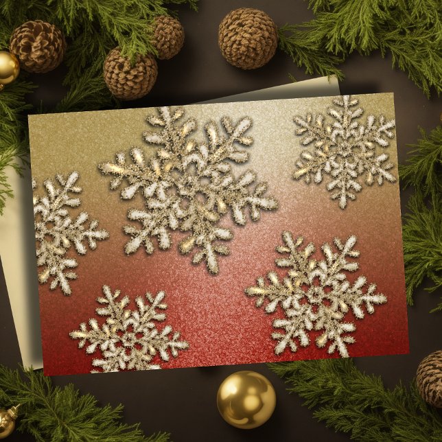 Rött och guld snöflinga glimmer julkort helgkort (Skapare uppladdad)