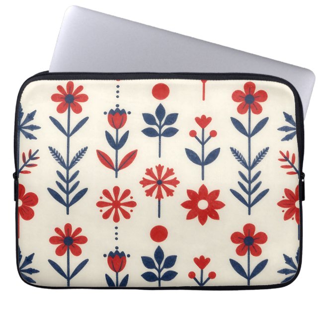 Rött och marinblått folkligt blommönster laptop fodral (Framsidan)
