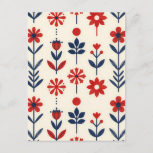 Rött och marinblått folkligt blommönster vykort