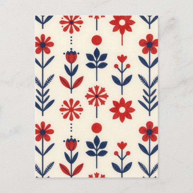 Rött och marinblått folkligt blommönster vykort (Framsida)